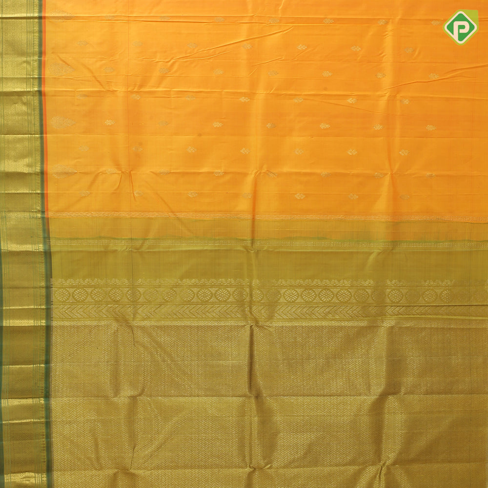 turmeric yellow gold zari fancy flower butta sage green gold zari diamond design one side border silk saree