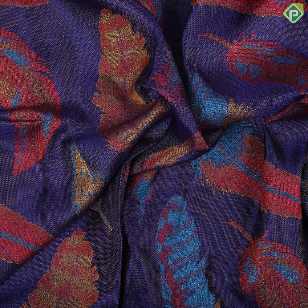 Indigo blue multi color feather design self color silver zari rangoli zig zag border trendy silk saree
