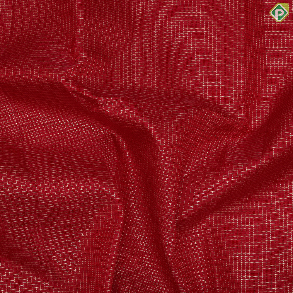 Tomato red gold zari small checked window panel self gold zari divided border traditional silk saree