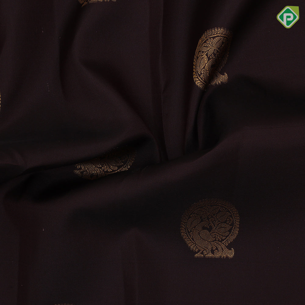 Chocolate brown  gold zari peacock design  mustard yellow peacock chakaram border design traditional silk saree