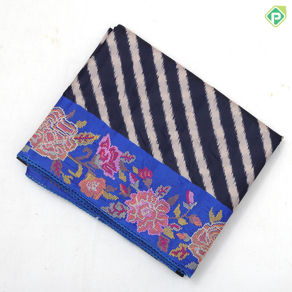 Black base beige color zebra cross lines contrast base multi color embroidered cut work border fancy dola silk saree