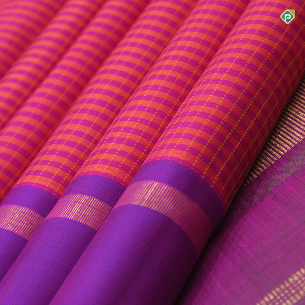 Orangish Pink With Purple Violet Colour Small Zari Lines Traditional Silks Saree
