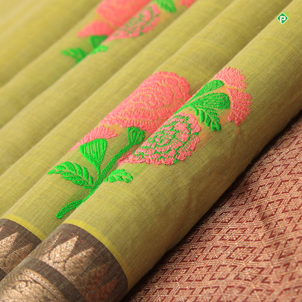 Moss Green With Marron Brown Colour Flower Meena Work Motifs Linen Silks Saree