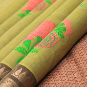 Moss Green With Marron Brown Colour Flower Meena Work Motifs Linen Silks Saree