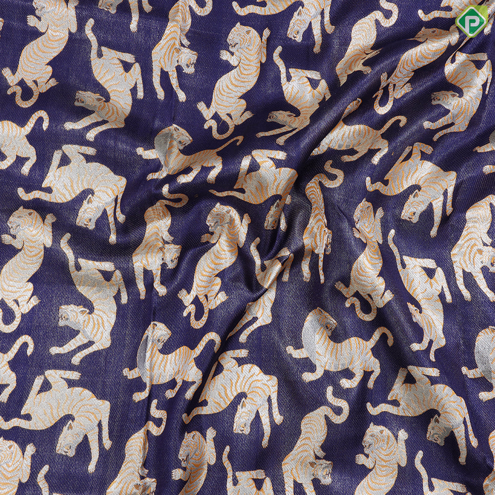 Indigo Blue With Grey And Tiger Orange Tiger Butta Design Self Colour Pythonic Border Exclusive Bridal Silk Saree