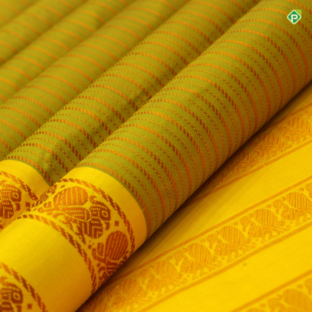 Lime Green With Corn Yellow Colour Small Thread Lines Traditional Silks Saree