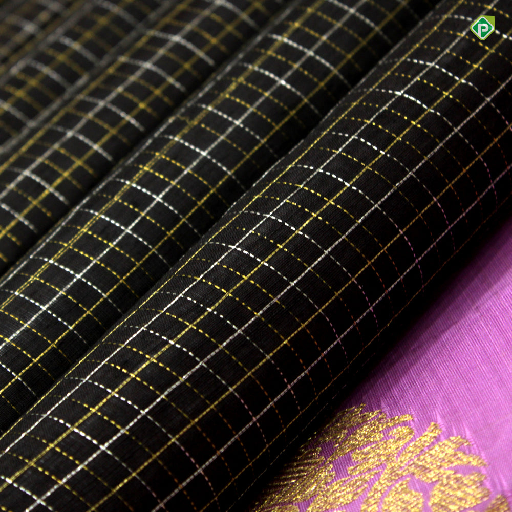 Black With Lavender Colour Small Zari Cross Checks Luxury Black Silks Saree