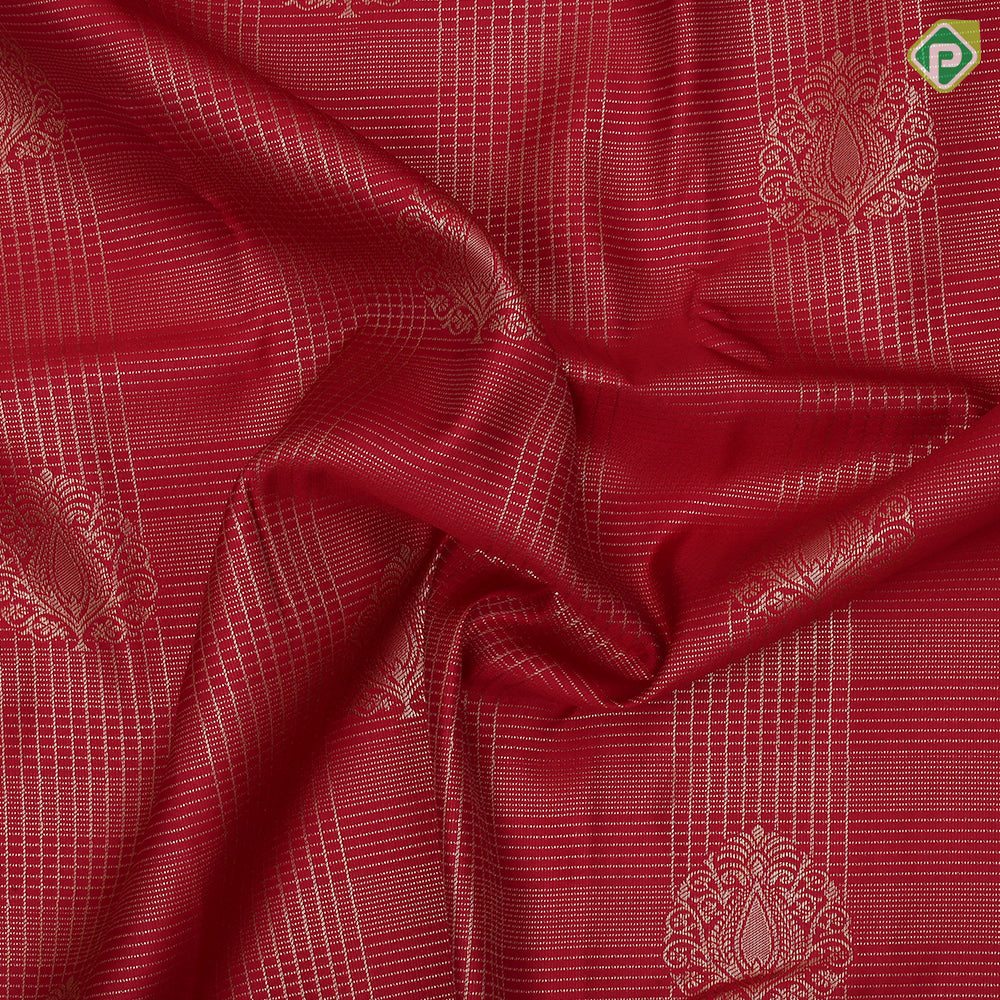 Cherry red gold zari micro checks and butta self gold zari peacock butta border Art silk saree