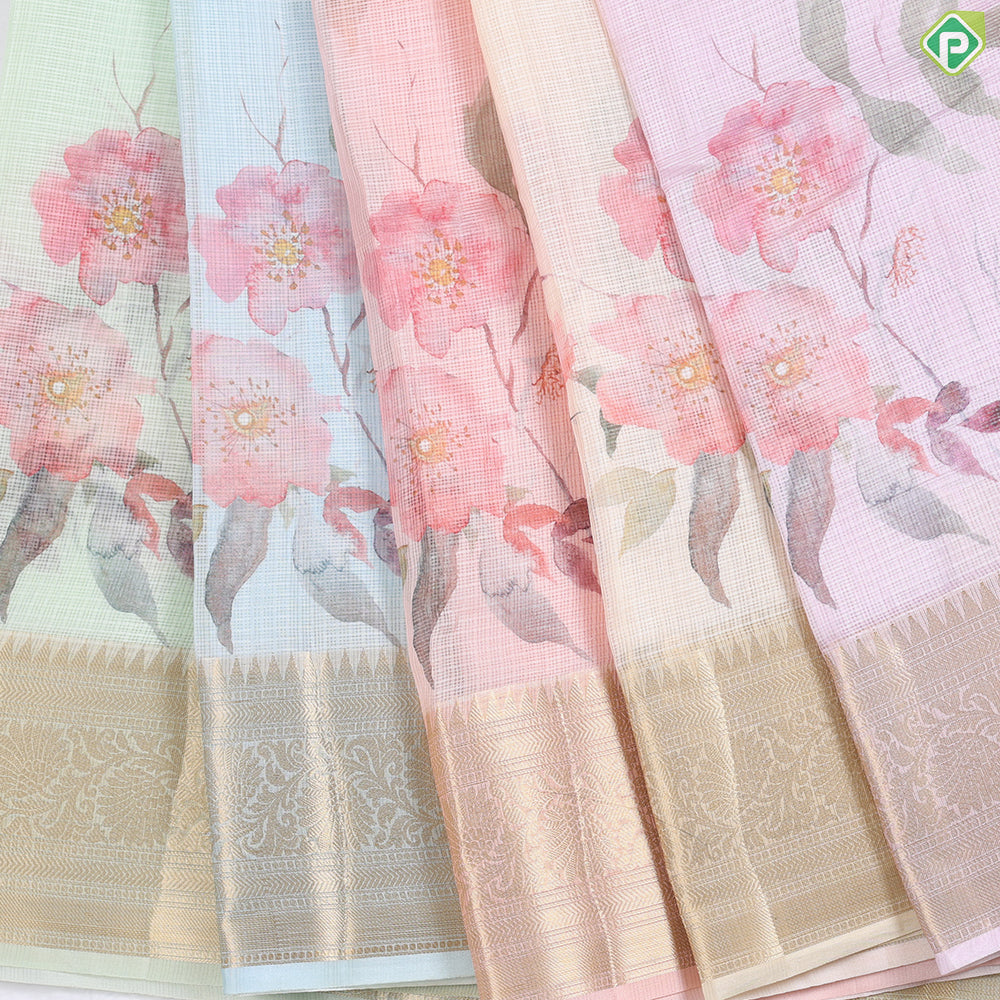 Apple Green With Multi Colour Flower bunch Printed design Fancy cotton saree
