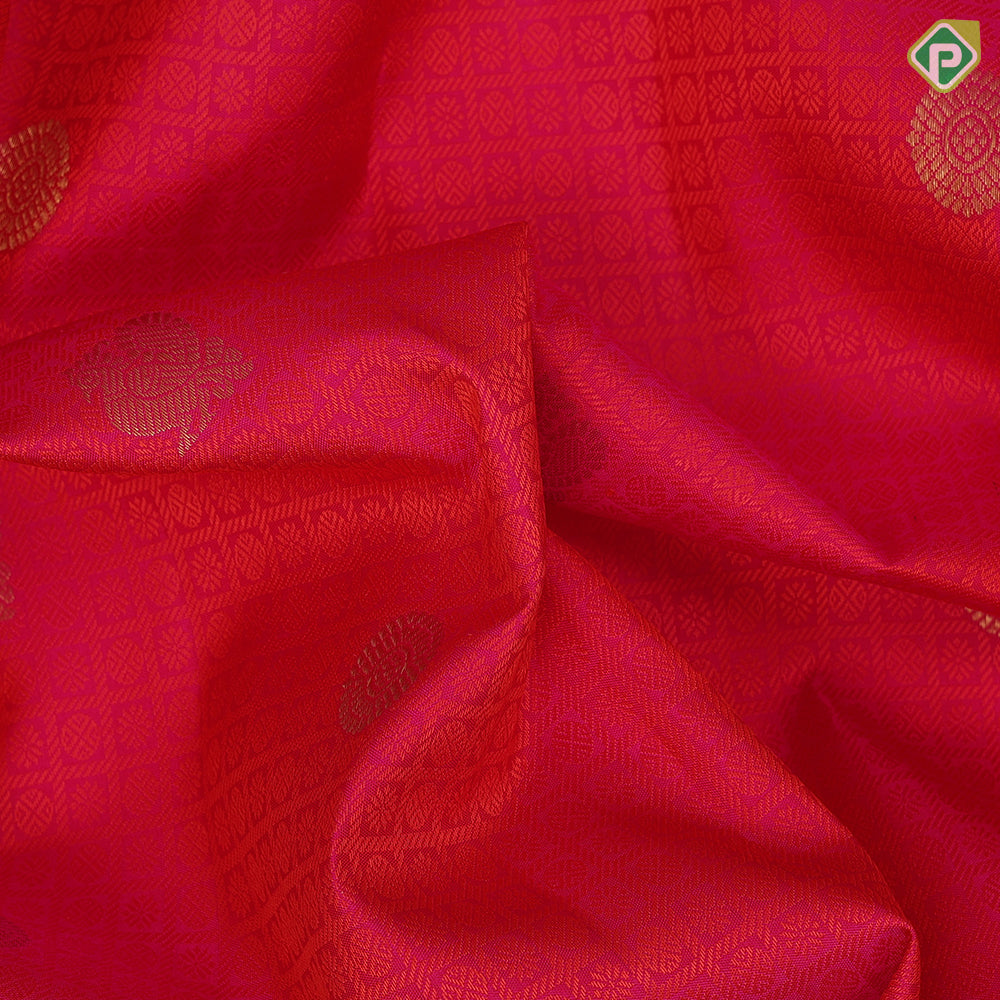 Pinkish red dual tone thread work and gold zari butta self gold zari mayilkan edge border traditional silk saree