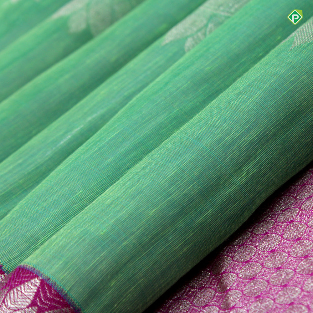 Sea Green With Hot Pink Flower Motifs Partly Motifs Linen Silks Saree
