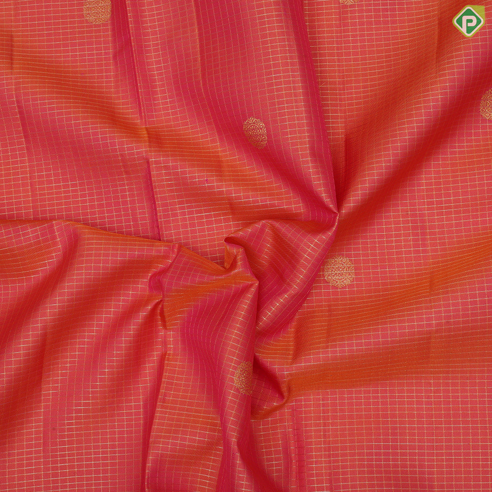 Pinkish orange gold zari vairaoosi checked mid round butta purple gold zari border traditional silk saree