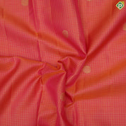 Pinkish orange gold zari vairaoosi checked mid round butta purple gold zari border traditional silk saree
