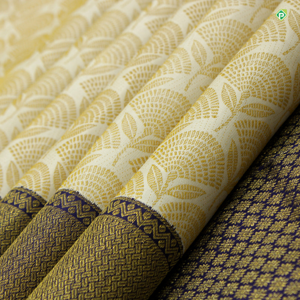 Cream sandal With Indigo Blue Small Flower Thread Work Motifs Trendy Silks Saree