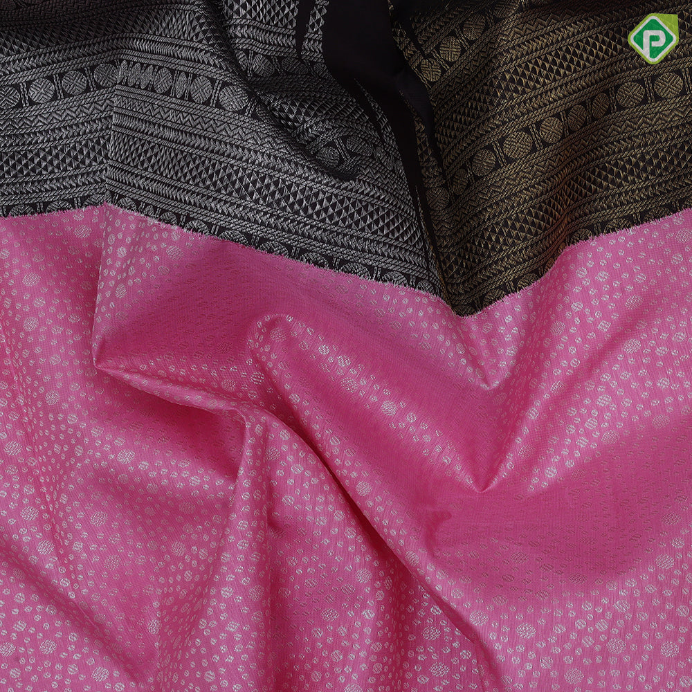 Dark brown silver gold zari temple tower baby pink silver zari mole design half and half concept exclusive silk saree