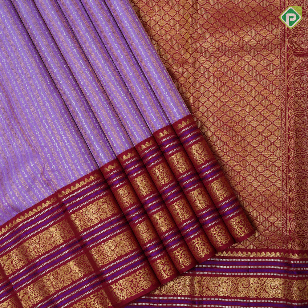 Dark lavender silver and copper zari self designed stripes maroon red gold zari thread work border traditional silk saree