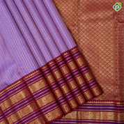 Dark lavender silver and copper zari self designed stripes maroon red gold zari thread work border traditional silk saree