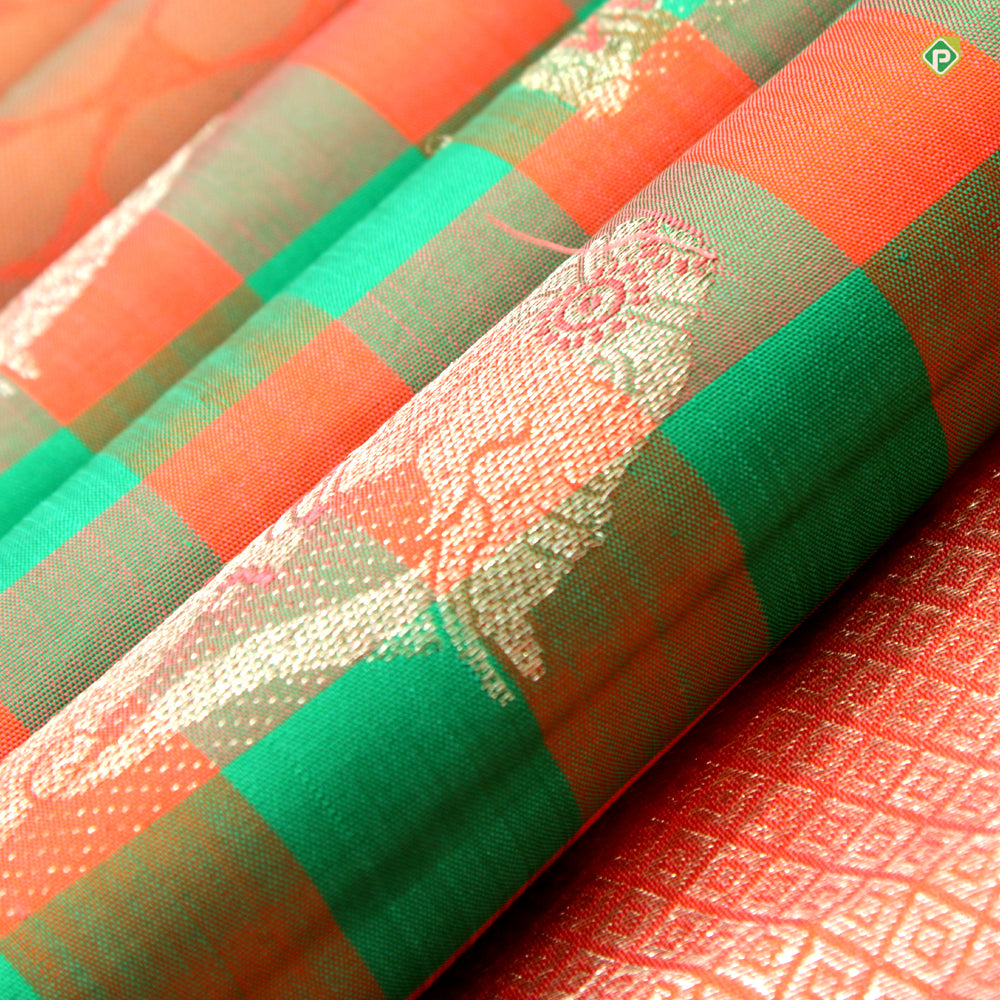 Kelly Green With Orange Fancy Butta And Partly Motifs  Trendy Silks Saree