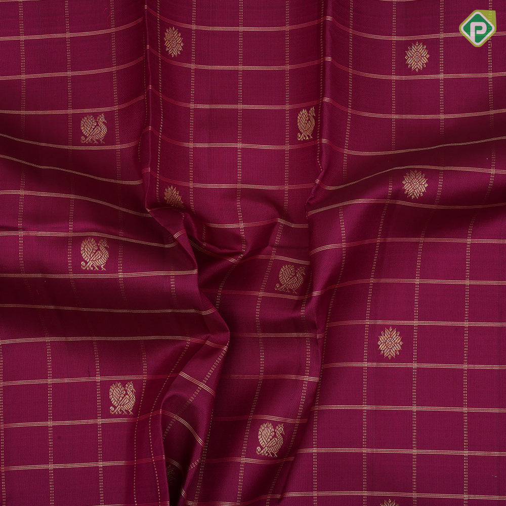 Purple pink gold zari solid check annam chakram butta self gold zari tissue green edge border traditional silk saree