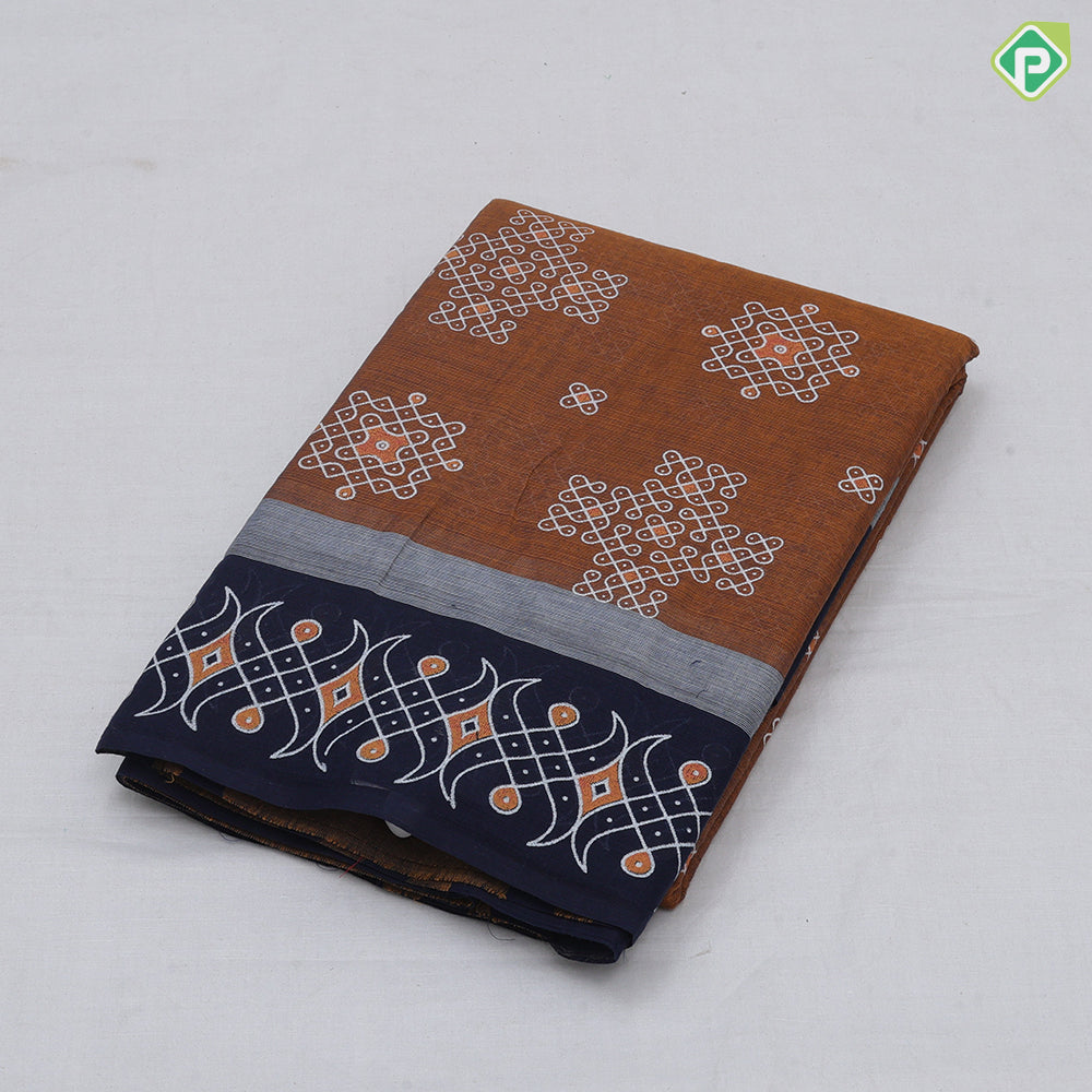 Marron Rangoli Design Dark Blue Border Trendy Fancy Saree