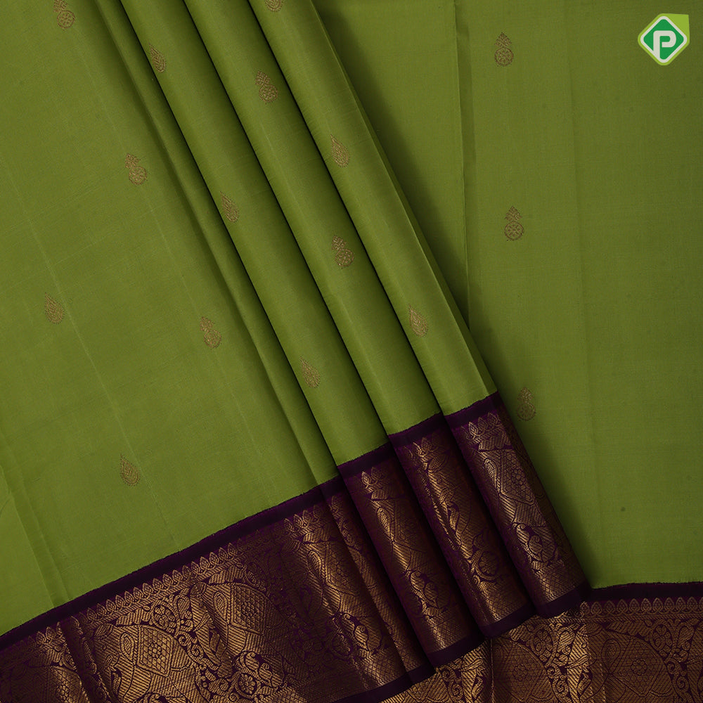 Apple green gold zari designed thilagam butta purple gold zari elephant butta border pattu paavadai lehanka