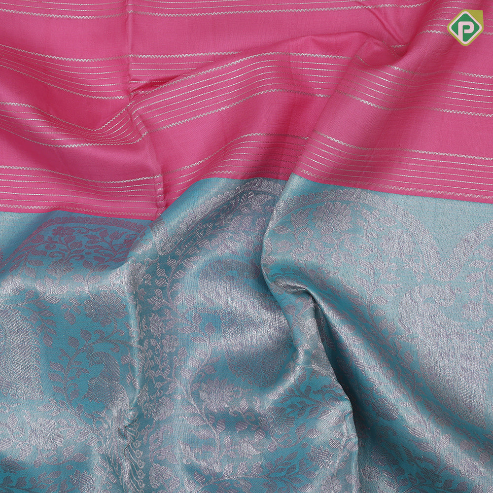 Bubblegum Pink Rexsona Green Silver Zari Peacock Lines Design Mustard Bavanji Border Design Trending Fancy Silk Saree