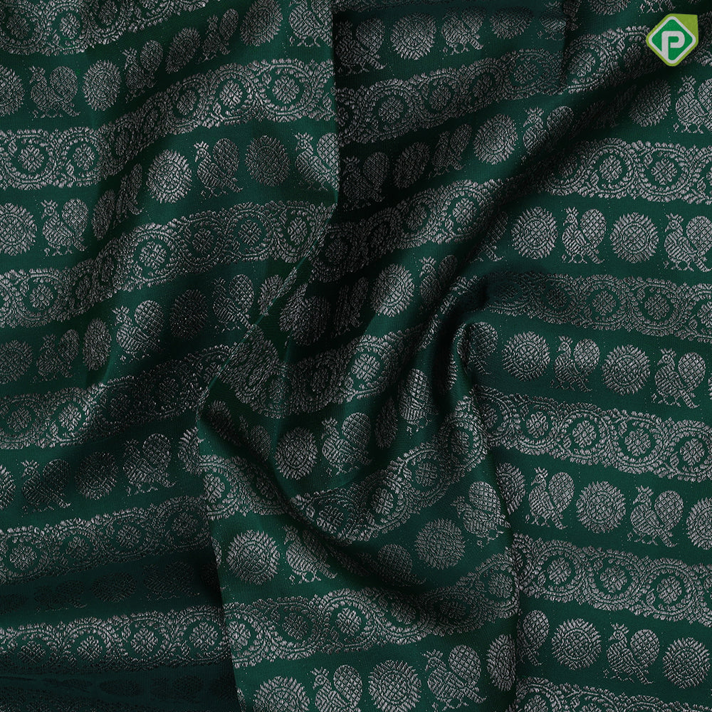 Bottle Green Silver Zari Peacock Chagaram Floral Design Self Colour Weave Border Design Trendy Silk Saree