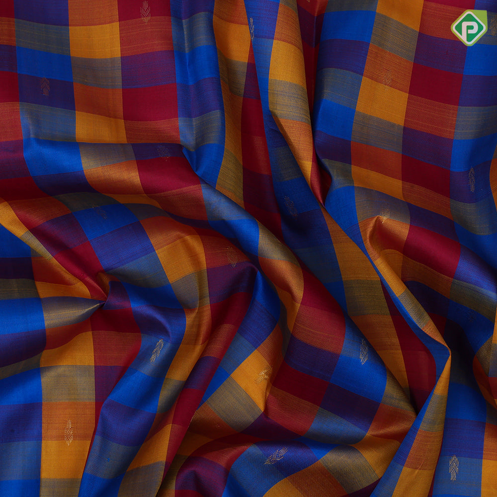 Multi color checks mid gold zari fancy butta self gold zari edge border traditional silk saree