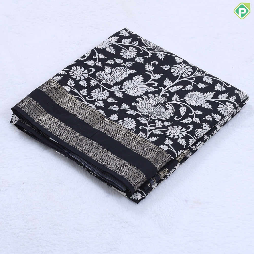 beige with black kalamkari design contrast black gold zari rettapet border fancy cotton saree