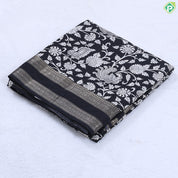 beige with black kalamkari design contrast black gold zari rettapet border fancy cotton saree