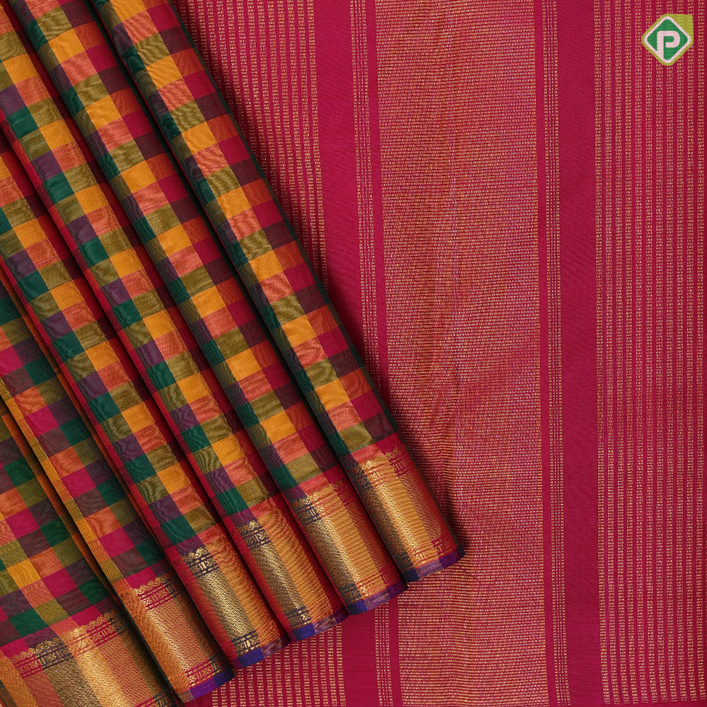 Paalum pazhamum kattam multi color checks design self gold zari micro zig zag border traditional silk saree
