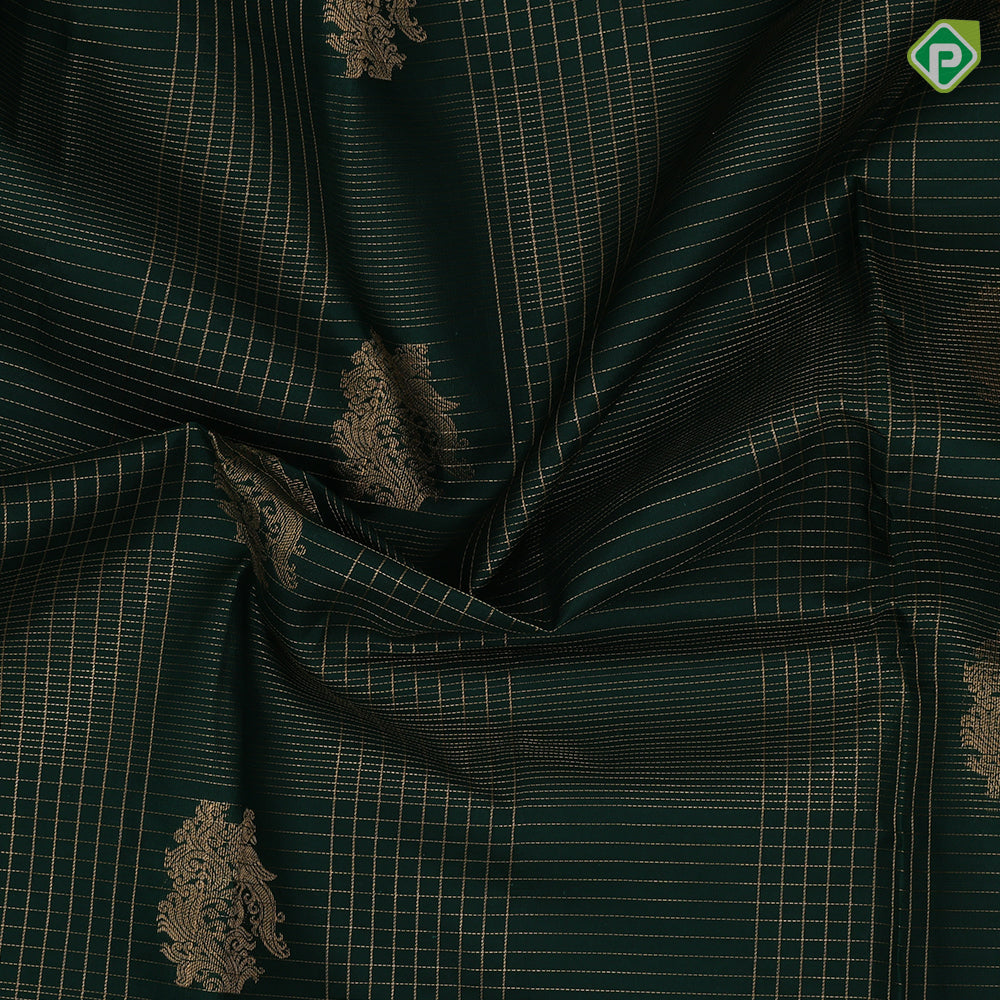 Bottle green gold zari checks flower motif design dark pink peacock elephant border design traditional silk saree