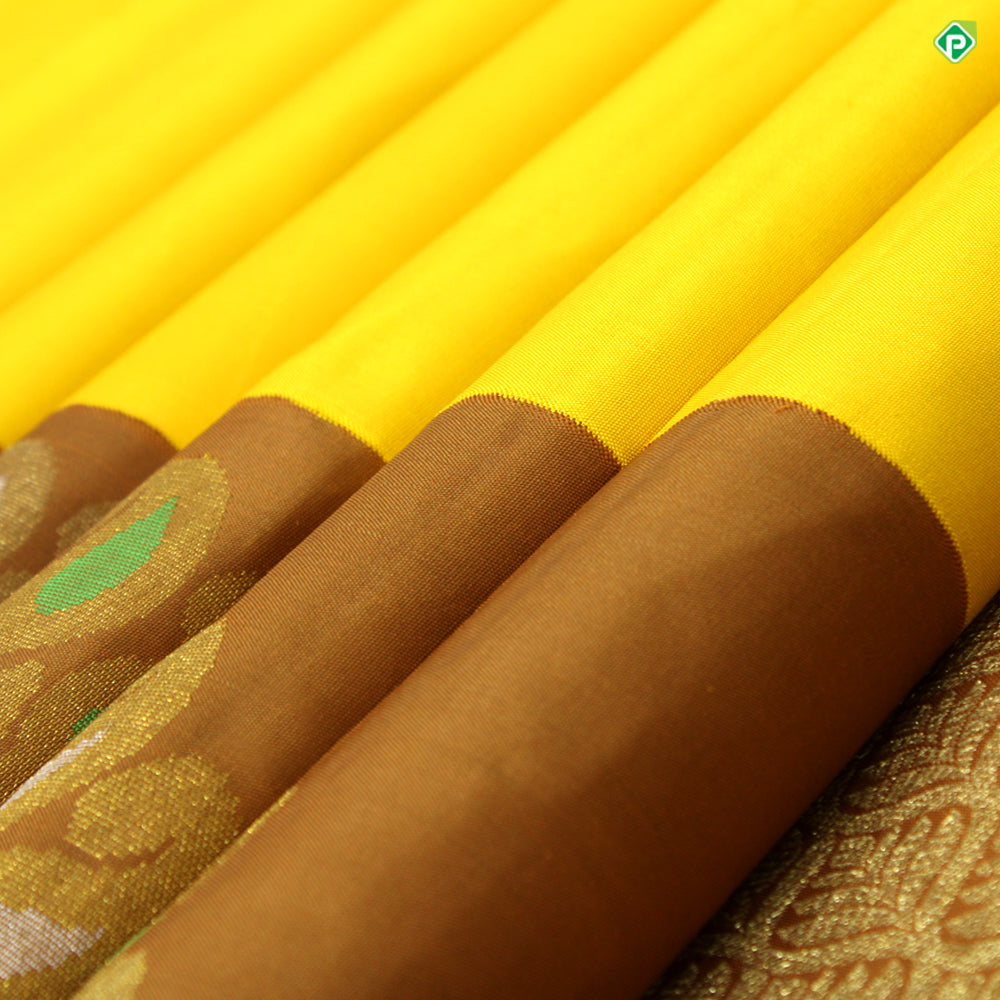Corn Yellow With Goldish Onion  Colour Big  Peacock Fancy Border Motifs Trendy Silks Saree