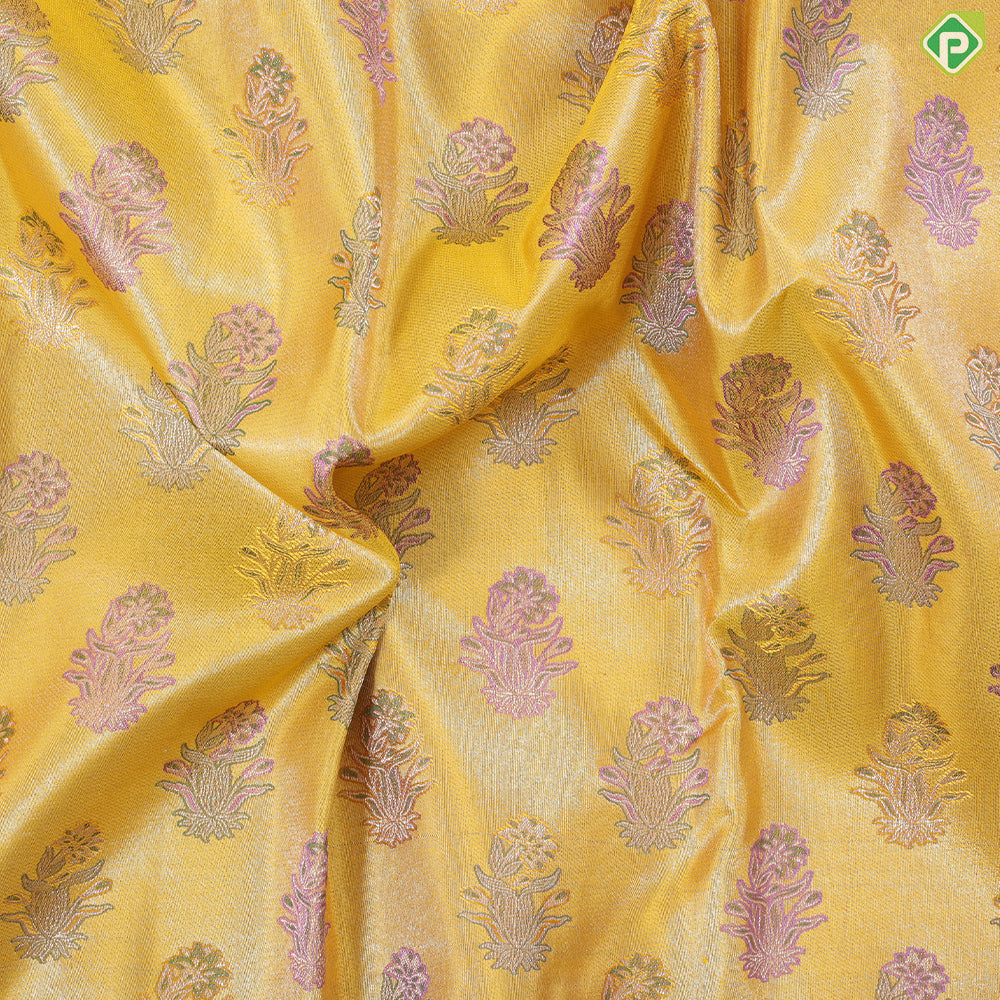 Cyber yellow zari thread floral butta design dark lavender fancy flowers meena work tissue border trendy silk saree