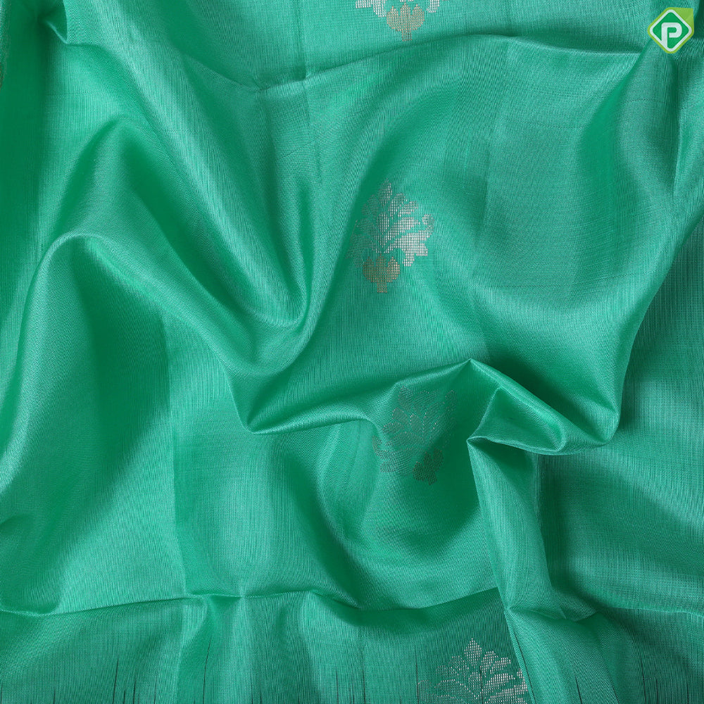 Rama green silver gold zari butta design double colour border Pallu design soft silk saree