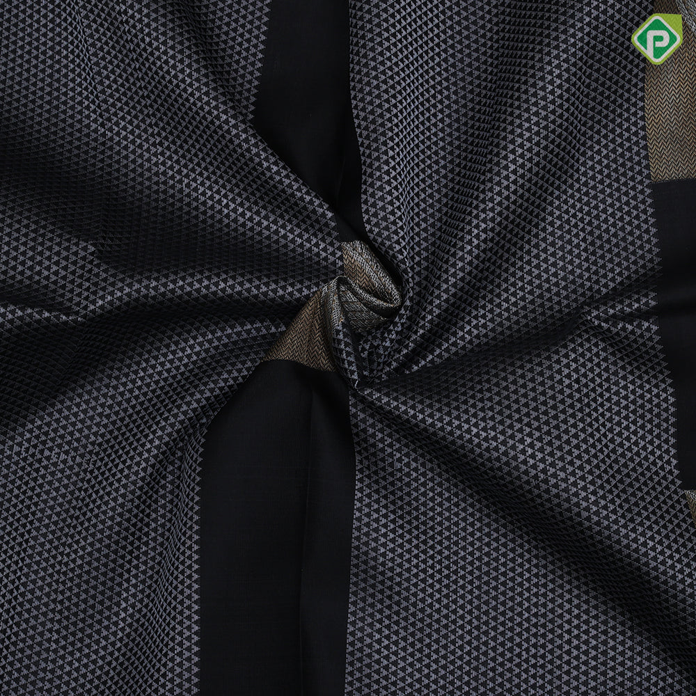 Black Colour Silver Gold Zari Arrow And Square Design Chilly Red Ledge Border Design Luxury Black Silk Saree