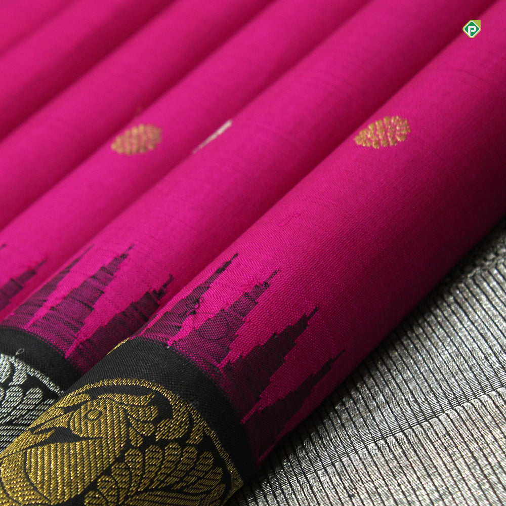 Hot Pink With Black Fancy Cross Peacock Border Motifs Trendy Silks Saree