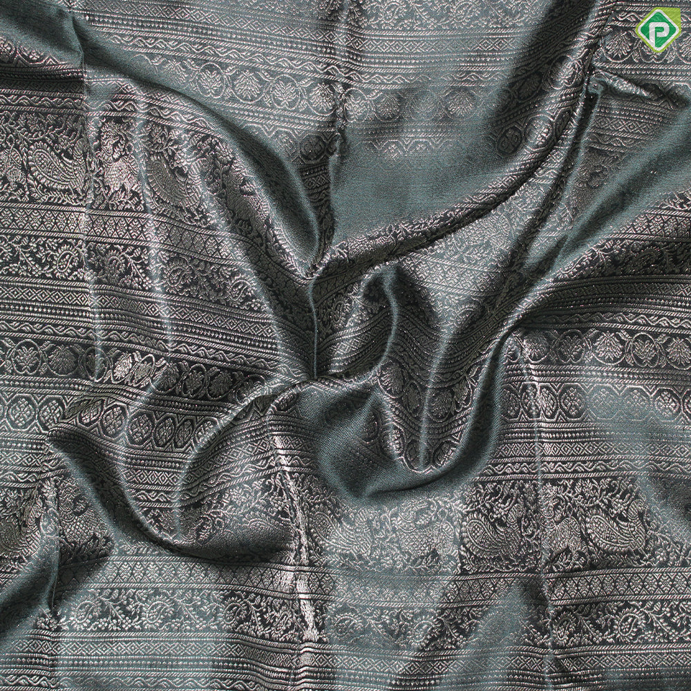 Jungle Green Silver And Gold Zari With Teal Green Maylkan Design Border Traditional Silk Saree