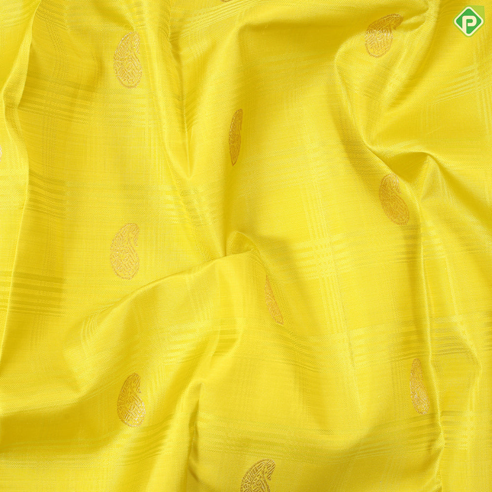 Lemon yellow with mango butta design dark green gold zari multi lines border Traditional silk saree