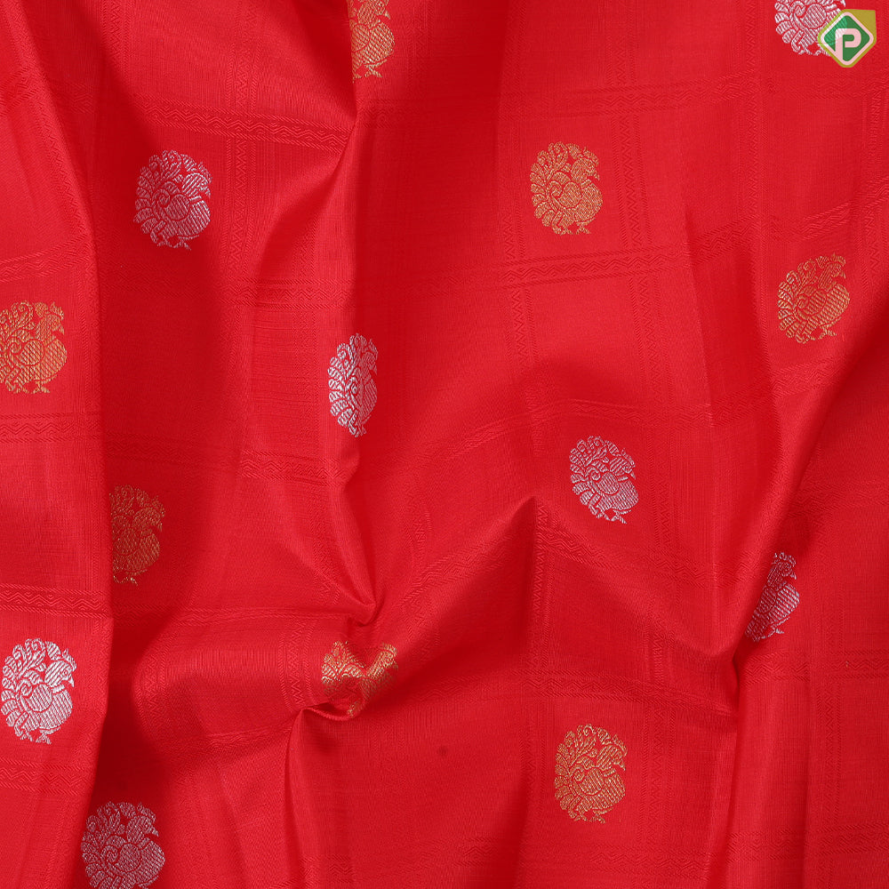 Chilly Red Gold Zari Peacock Butta Self Colour Edge Green Border Traditional Silk Saree