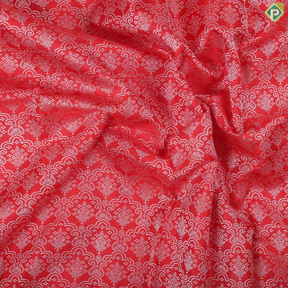 Chilly red white thread work embossed design Rani red with gold zari flower pot border trendy silk saree