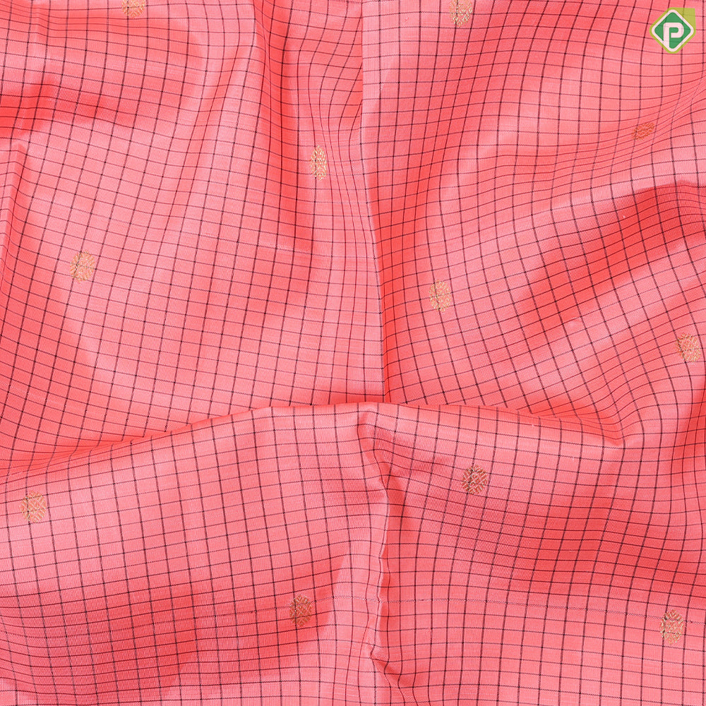 peach orange with brown checks gold zari rudraksham butta contrast rettapet border retro traditional silk saree