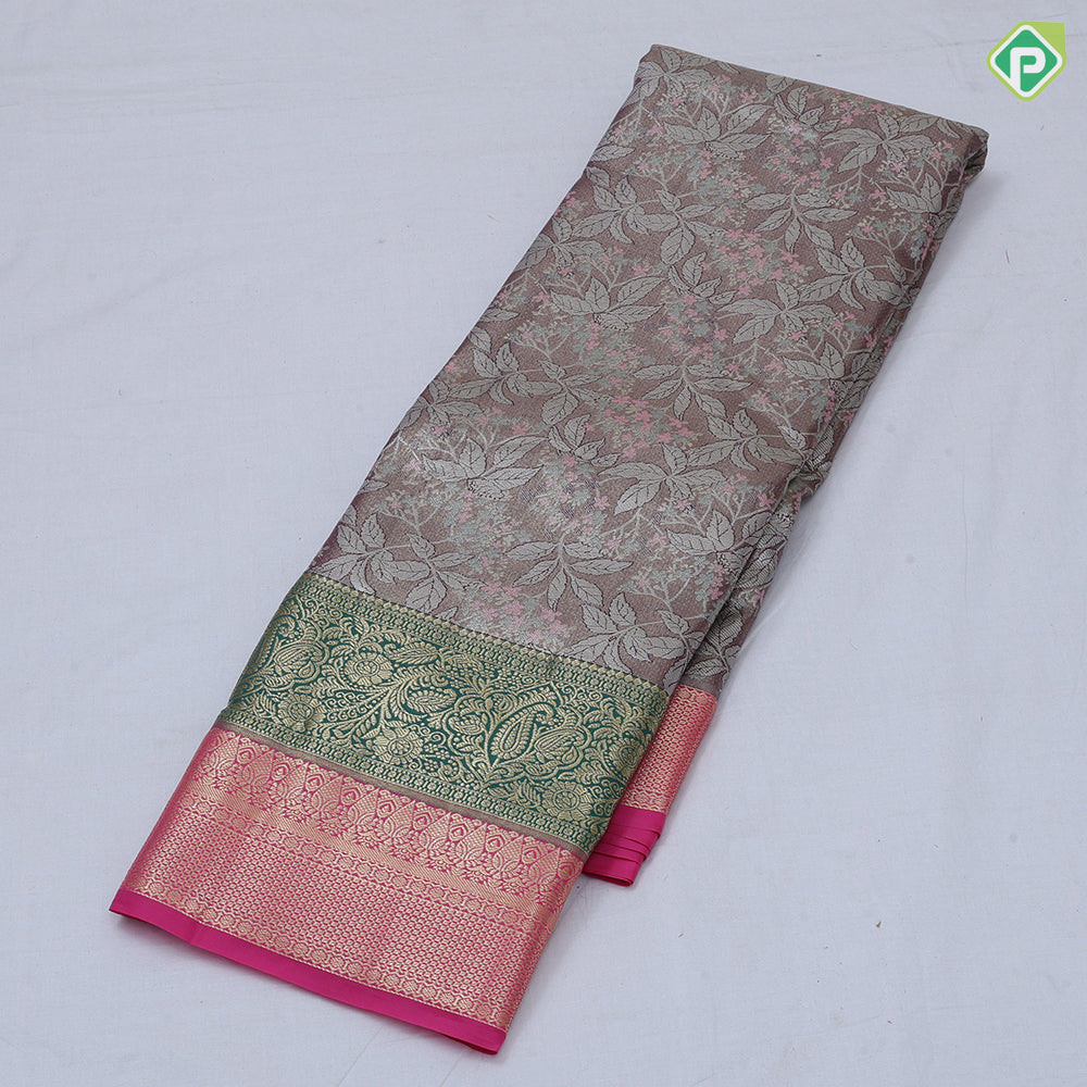 Pista green silver zari and multi color floral design contrast double color center border tissue art silk saree