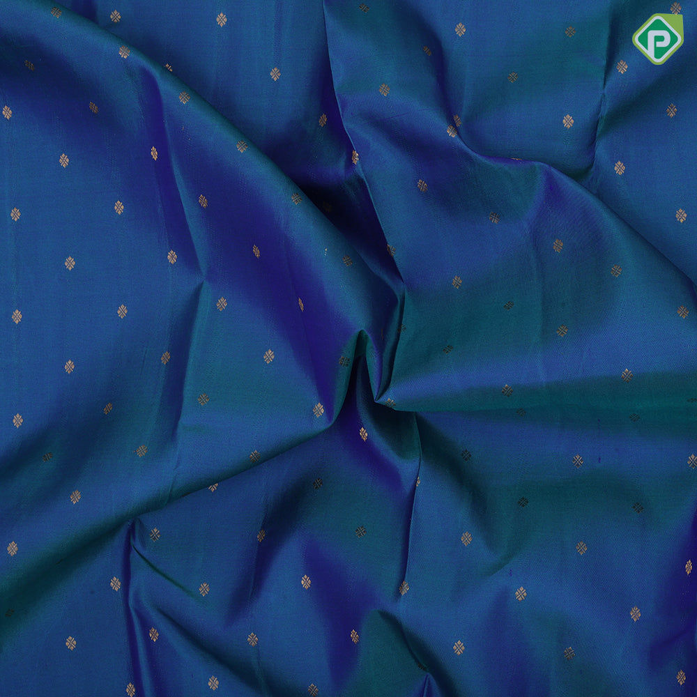 Peacock Blue Gold Zari Small Butta Design Magenta Colour Bavanji Border Design Traditional Silk Saree
