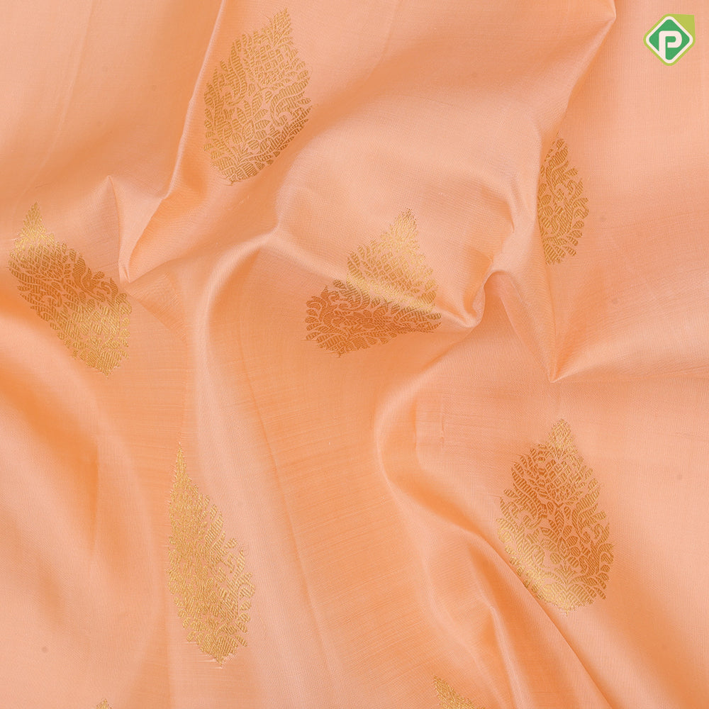 peach gold zari self designer thilagam butta self color gold zari elephant annam butta edge border traditional silk saree