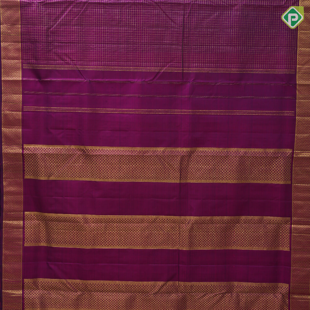Purple gold zari vairaoosi checks design self gold zari mayilkan border 9 yards madisar silk saree