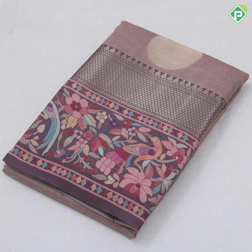 Peach Based Colour Coin Design Contrast Peacock Flower Border Fancy Cotton Saree