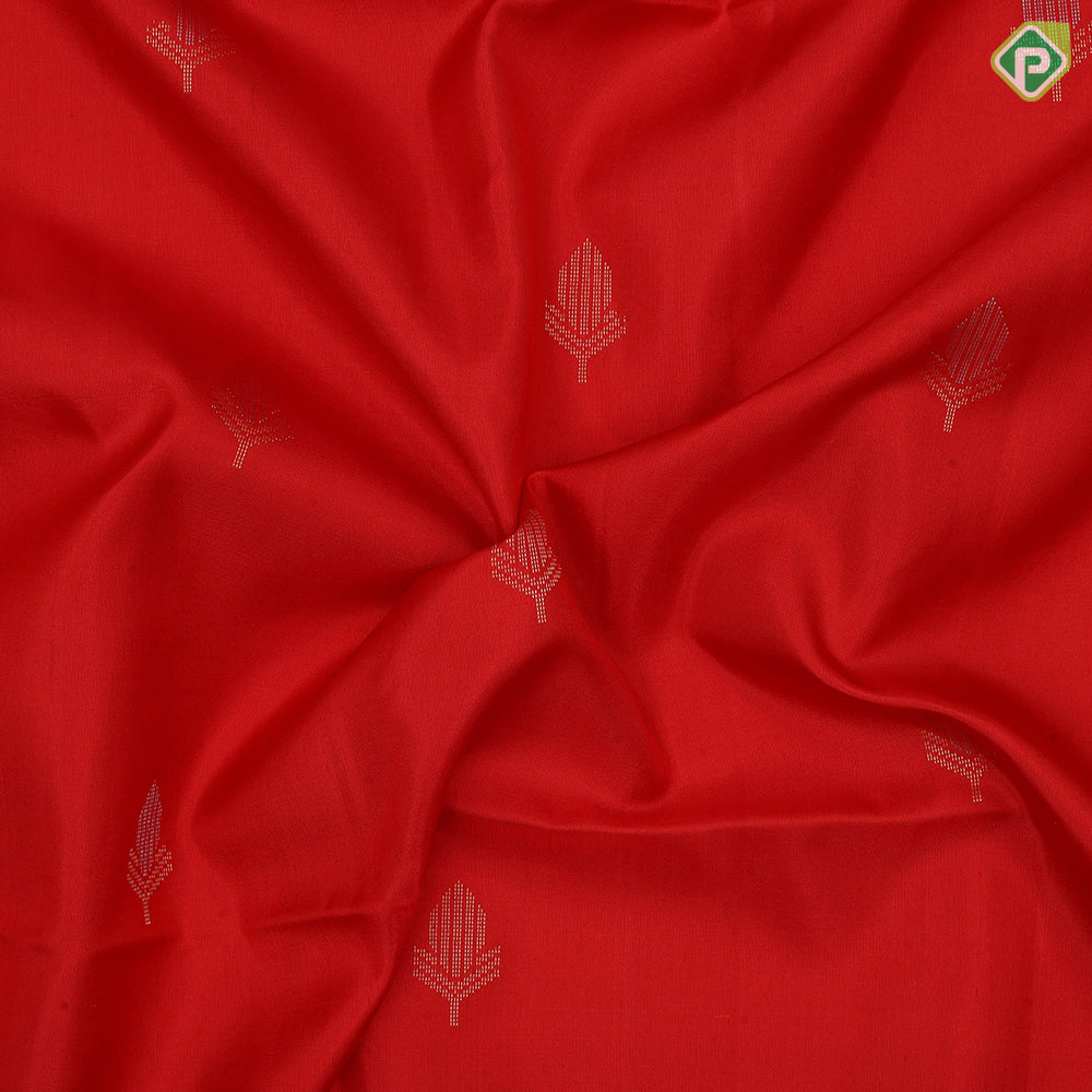 tomato red silver gold zari fancy flower buds butta self gold zari fancy shape border soft silk saree