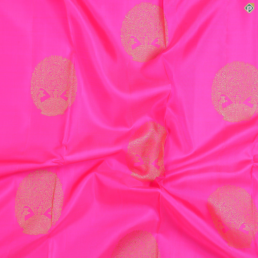 Cerise Pink With Gold Zari Big Peacock Round Butta Bavanji High Border Traditional Silk Saree