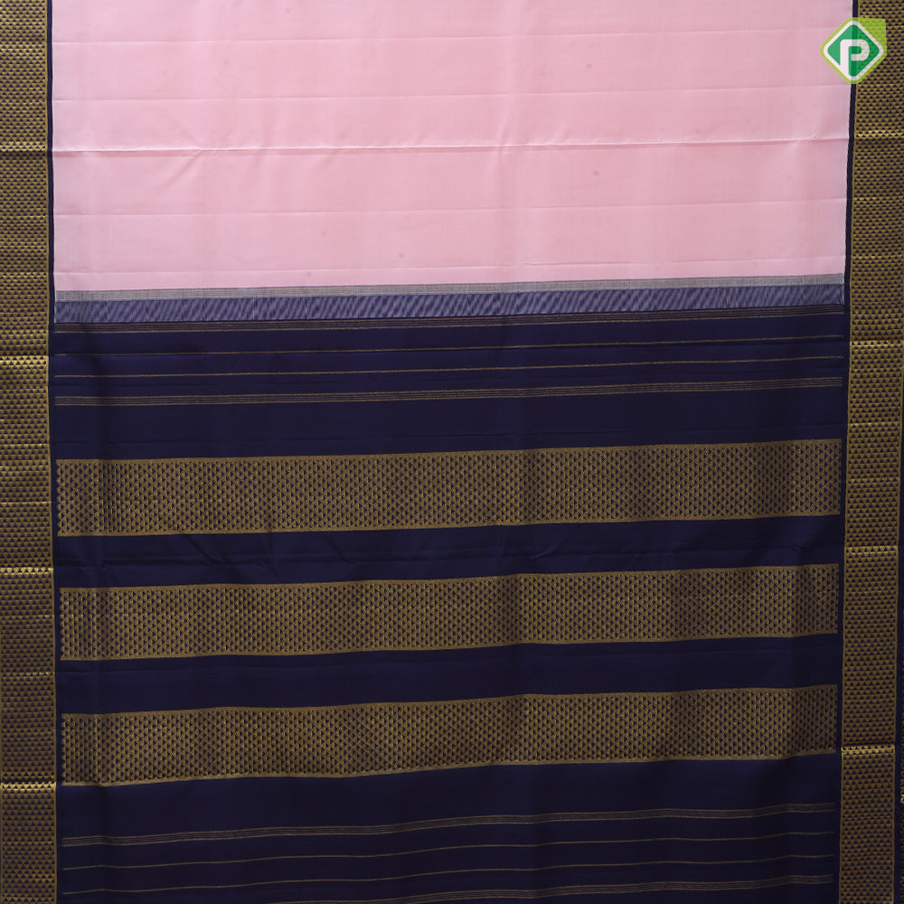 Peach pink plain weaved design indigo blue gold zari mayilkan border 10 yards madisar silk saree